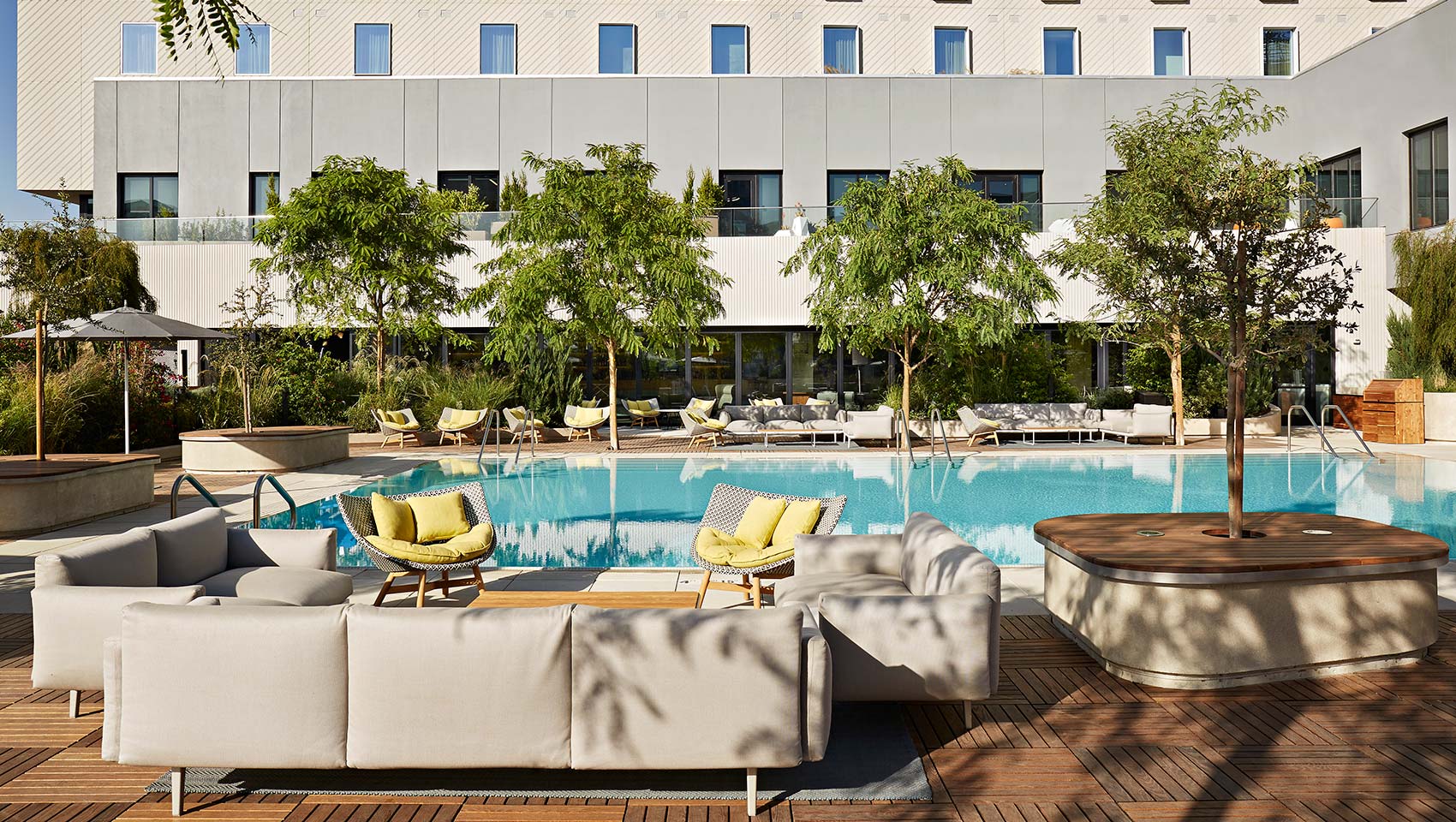 Exterior lower floors of Kimpton Sawyer, includes Punch Bowl Social, Echo and Rig, Urban Outfitters